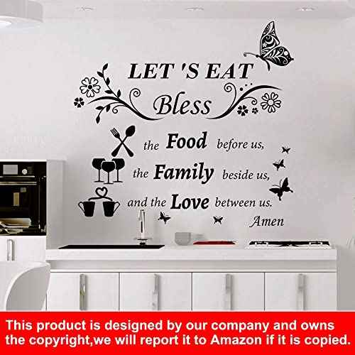 Kitchen Wall Decals Dinner Meal Prayer Wall Stickers Vinyl Kitchen Quotes Wall Decal Let's Eat Bless The Food Before Us Sign Saying Stickers for Dinning Room Home Restaurant