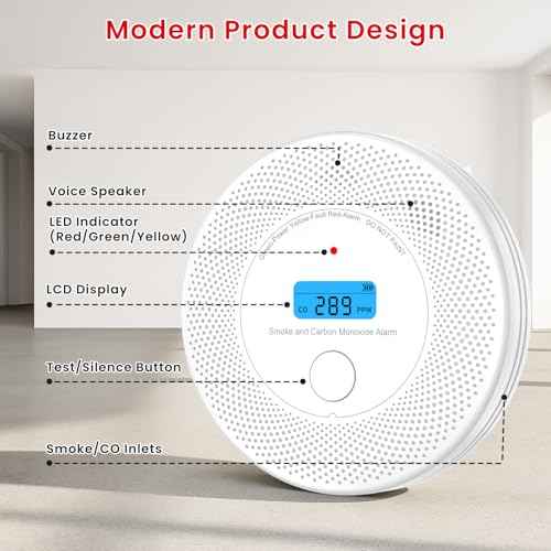 2-in-1 Smoke and Carbon Monoxide Detector Alarm, with Voice Alert,10-Year Battery Fire & CO Alarm with Large LCD Display, Easy Install with Adhesive or Screws