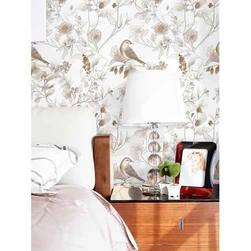 Hopepak Peel and Stick Wallpaper 17.3''x78.7'' Brown Floral Bird Wall Paper Self Adhesive Removable Contact Paper Waterproof Vinyl Roll for Bedroom Bathroom Decor
