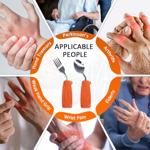 Adaptive Utensils,Curved Angled Spoon and Fork Set,for Tremors Parkinsons Limited or Elderly,Lightweight Cutlery with Non-Slip Easy Grip Handles (Right Hand Spoon and Fork Set,Pack of 2,Orange)