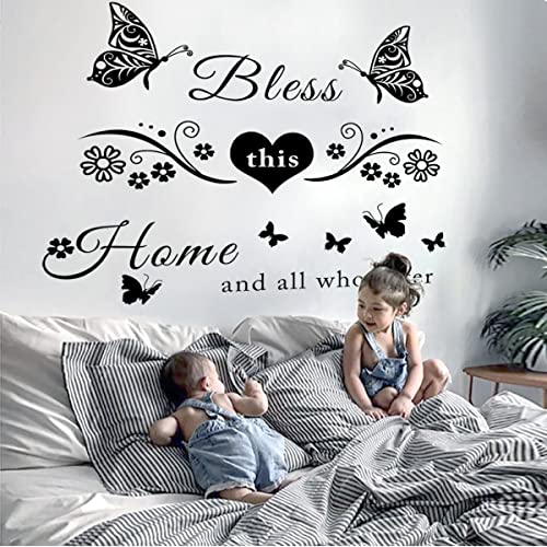 Vinyl Wall Stickers Quotes Art Decal Sticker Bless This Home and All Who Enter Wall Decals Flowers Butterfly Wall Decor Sticker for Entryway Living Room Home Decor