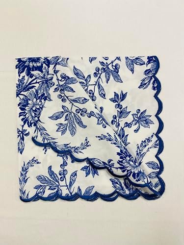 Ridhi Hand Block Print Incremental Blue 18" x 18" (Set of 4) Embroidery Table Napkins Reusable Cotton Dinner Napkins for Weddings, Parties, Everyday Dining Gift for Spring, Easter, Valentine