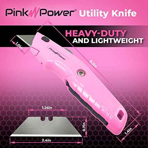 Pink Power Box Cutter Retractable, Pink Utility Knife for Carpet, Cute Box Cutter Knife Heavy Duty with 3 Blades and Storage Compartment - Opener Pocket Utility Tools for Women
