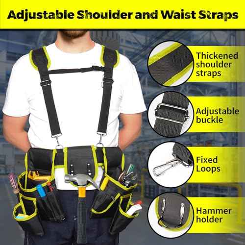 Tool Belt,Professional Tool Belts for Men with Suspenders,18 Pockets Heavy Duty Tool Pouch,Heavy Duty Detachable Adjustable Utility Belt Work Bags for Electrician,Carpenter (Yellow, Large)