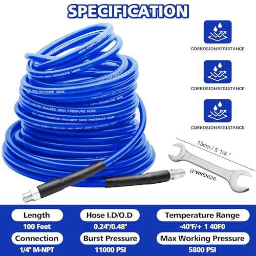 Sewer Jetter Kit 100 FT for Pressure Washer, 5800 PSI Drain Cleaner Hose 1/4 Inch NPT Corner Rotating and Button Nose Sewer Jetting Nozzle Spanner WatertightTape Pearl Corsage Pin(Blue)