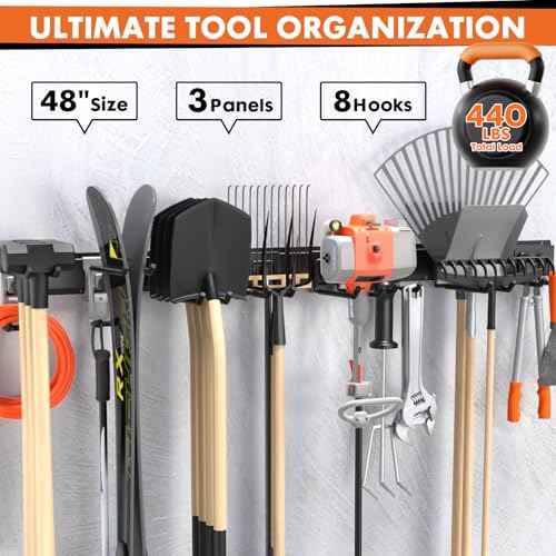 48-Inch Heavy Duty Garage Tool Organizer, Wall Mount Storage System with Adjustable Metal Hooks, 440lbs Capacity, Ideal for Garden Tools, Shovels, Rakes, Brooms, Ladders (48¡®¡¯ Metal Hooks)