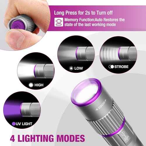 EverBrite Rechargeable Pen Flashlight with UV Light and White Light, 395nm Black Flashlight with Clip, Zoomable 4 Modes with Memory, USB C Cable, for Camping, Emergency, Pet Urine Detection,Grey