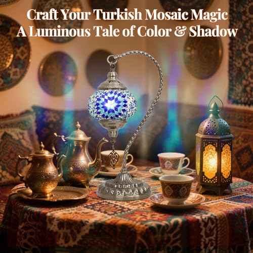DIY Turkish Mosaic Lamp Kit, Swan-Neck Stained Glass Lamp Making Kit- Easy,Fun,No Experience Needed, Mosaic Art & Craft Project Kits for Adults & Teens, Make Your Own Table Lamp,Blue