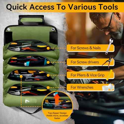 Roll Up Tool Bag Organizer 10 Pocket Tool Roll Heavy Duty Electrician Tool Bag for Men Dad Handyman Magnetic Wristband Mechanic Tool Storage Bag Rollup Pouch Car Tool Carrier Plumber Gadget Bag Green