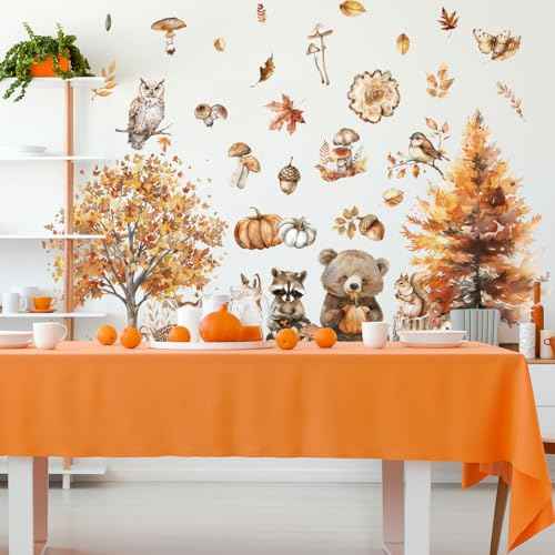 6 Sheet Fall Woodland Animal Wall Decals Autumn Forest Animal Maple Tree Mushroom Wall Cling Stickers Reusable for Thanksgiving Party Home Glass Window Decor