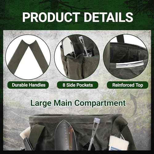 Denifiter Professional 16oz Waxed Canvas Garden Tool Tote - Extra Large Waterproof Storage with 8 Pockets & Reinforced Base | Durable Carrying Case for Gardening, Landscaping & Outdoor Work