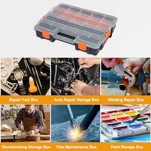 HARFINGTON Single Side Tool Organizer 14.8"x11.4"x2.6" 17-Compartment Hardware Storage Box with Removable Plastic Dividers for Screws Nuts Nails Bolts