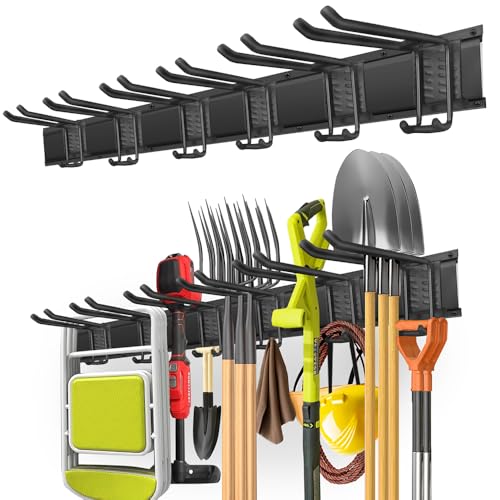 Garage Tool Organizer Wall Mount with 48 inches Rails and 6 Double-layer Hooks, Garden Tool Rack Heavy Duty, Garage Hanging Storage Rack For Yard Tools, Shovel, Shed