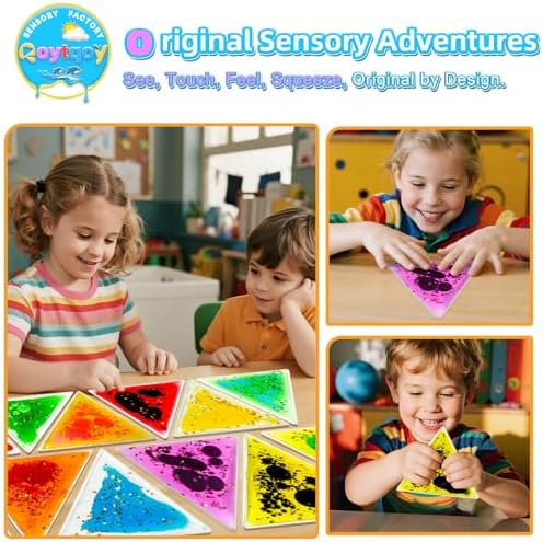 Squishy Liquid Sensory Gel Tiles 9 Packs - Triangle Liquid Sensory Toys for Sensory Play & Portable Fun, Washable Sensory Floor Tiles for Toddles 3+ Learning, Calming, Fidgeting