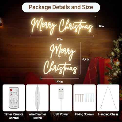 26 Inches Large Merry Christmas Neon Sign, Warm White Acrylic Neon Signs for Wall Decor, USB Powered Dimmable LED Lights for Bedroom Window Xmas Eve New Year Party Decor