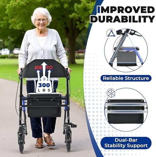 Metro Mobility Rollator Walker with Seat for Seniors, Foldable Lightweight Rolling Walker, 8" Big Wheels for All Terrain, 300 lb. Weight Capacity, Blue