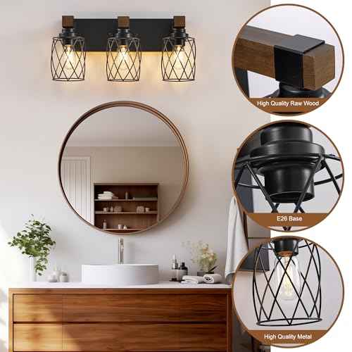 Farmhouse Bathroom Vanity Light, 3-Light Wood Bathroom Light Fixtures Over Mirror, Black Industrial Vanity Lights with Metal Shade, Rustic Bathrooms Lighting for Living Room, Bedroom, Hallway