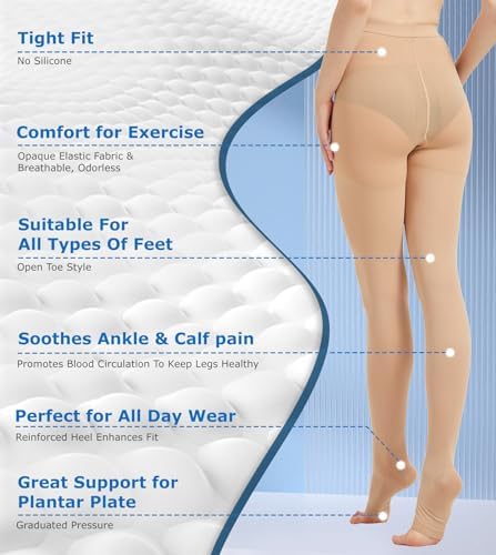 MGANG Medical Compression Pantyhose for Women & Men, 15-20mmHg Graduated Compression Support Tights, Open Toe, Opaque Waist High Compression Stockings for Edema, Varicose Veins, Flight, DVT, Beige L