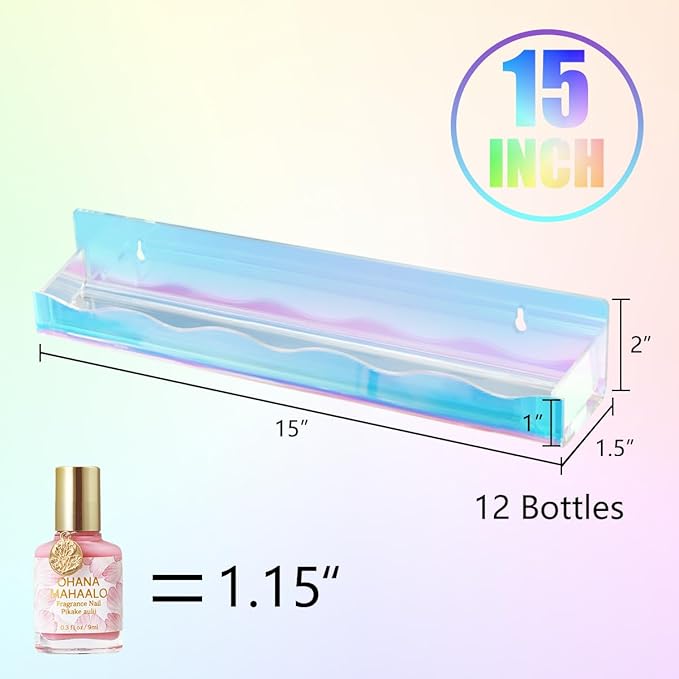 15" Nail Polish Rack Wall Mounted Floating Shelves Acrylic Paints Gel Polish Organizer and Storage with End Caps for Kid Room, Books, Nail Techs, Art Lovers, Great Display Salons, Rainbow
