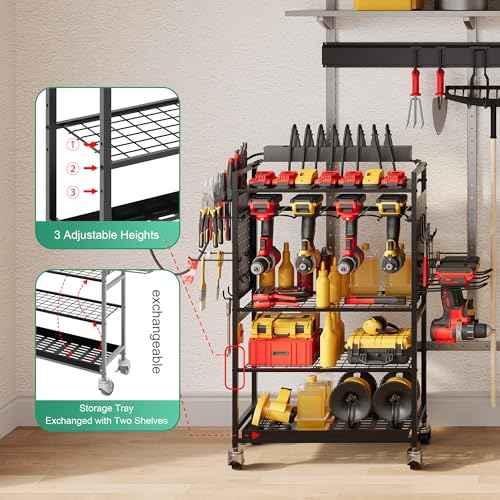 Power Tool Organizer Cart with Charging Station, Garage Rolling Storage with Drill Holder, Utility Rack for Cordless Tools, Battery & Screwdriver Shelf on Wheels, Tool Chest,Gifts for Dad Husband