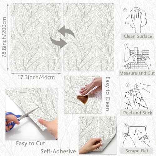 Leaf Peel and Stick Wallpaper Boho 17.3"x78.7" Plant Beige and White Wallpaper Removable Self Adhesive Wall Paper for Bedroom Beige Leaves Contact Paper for Cabinets Vinyl Film Roll