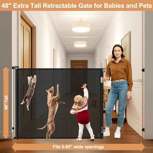 48 Inch Extra Tall Dog Gate Retractable Baby Gates Extra Wide Retractable Dog Gate Indoor 85" Wide Mesh Baby Gates for Doorways Scratch-Resistant 4ft Tall Prevent Kids/Pets from Jumping Over, Black