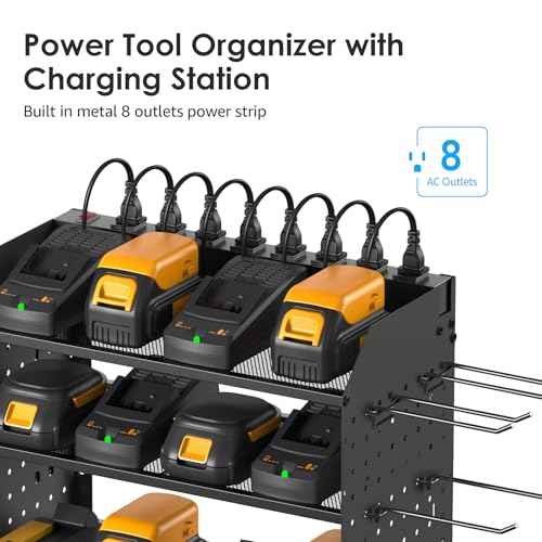 CCCEI Modular Power Tool Organizer with Charging Station. 4 Layer Wall Mount Drills Holder, Tool Battery Charger Organizer. Garage Shop Storage Utility Shelf with 10FT Power Strip, Gift for Men.