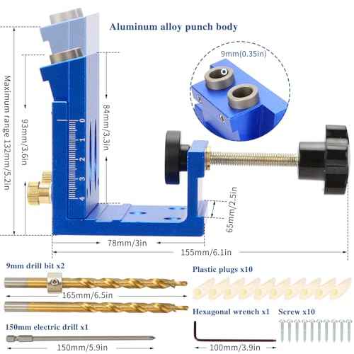 Pocket Hole Jig Kit, Metal Pocket Screw Jig 15 Degree Drilling Locator,Pocket Dowel Hole Jig System Set Wood Joint Angle Tool (Blue)