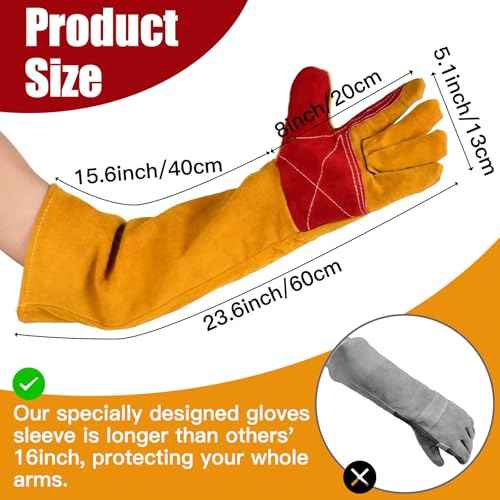 Welding Gloves for Men Women, 23.6" Leather Long Sleeve Welding Glove, Breathable Thicken Extreme Heat Resistant Protective Gloves for TIG MIG Welding BBQ Cooking Pet Training