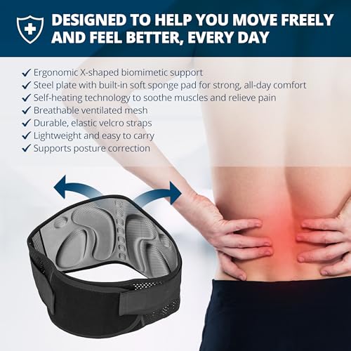 Strong Self-Heating Fit Lower Back Brace – Advanced Composite Fiber Support Belt with X-Shaped Design, Strong Lumbar Support, Pain Relief for Men & Women, Small