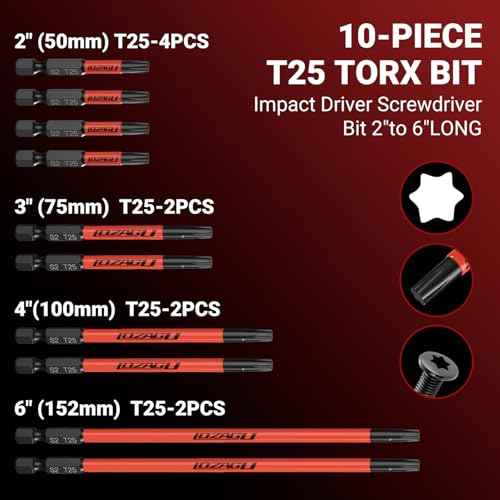 10-Piece T25 Torx Bits, 2'' to 6'' (50-152mm), Magnetic T25 Torx Bits for Impact Driver, 1/4 Inch Hex Shank | S2 Steel