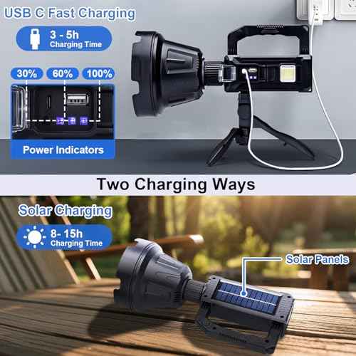 Rechargeable Handheld Spotlight, 3,000,000L Super Bright LED Solar & Battery Powered Spot Light with 6 Modes, 3 Color Lenses, COB Side Light, USB C, Waterproof for Outdoor Emergency Hunting