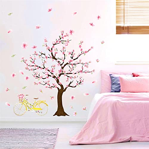 Cherry Tree Wall Sticker Cherry Blossom Tree Wall Decals Large Trees Sticker Peel and Stick Floral Trees Decals Pink Flower Stickers for Girls Room Bedroom Nursery