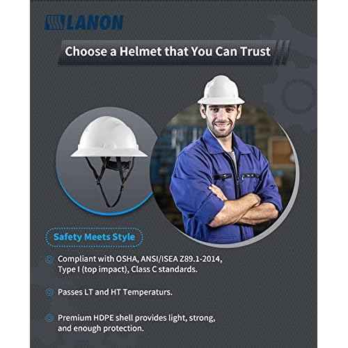 LANON White Full Brim Hard Hat, OSHA Construction Work Approved, HDPE Safety Helmet with 4 Point Adjustable Ratchet Suspension, Class E, G & C