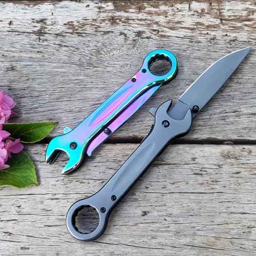 Pocket Knife, Unique Utility Pocket Folding Knife with 14mm and 19mm wrenchs, Titanium plated Great Gift EDC Knife For Daily Work Outdoor Camping (Grey)