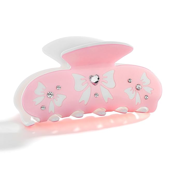 LILIE&WHITE Acrylic Bow Hair Clips For Women Pink Claw Clips With The Rhinestone Pattern In White Bow Hair Clip With Claw For Thick Hair Strong Hair Fix Claw Clips