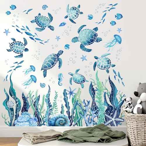 Ocean Sea Turtle Wall Stickers - Under The Sea Marine Theme Seaweed Grass Wall Decals - Baby Nursery Kids Bedroom Daycare Bathroom Wall Decor Stickers