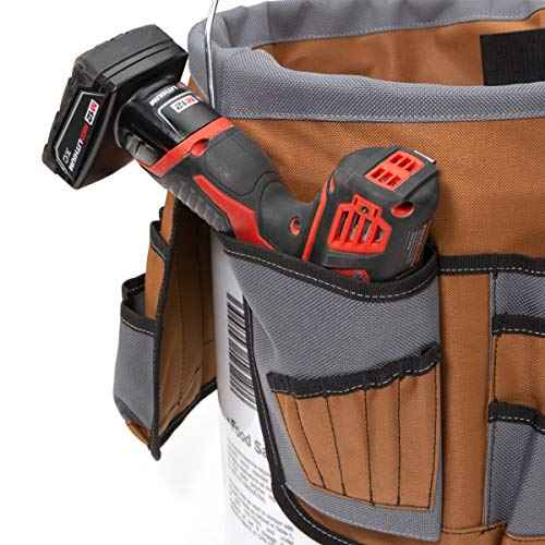 Dickies 35-Pocket 5-Gallon Bucket Organizer With Drill Holster, Padded Handle, and Tape Tether, for Contractors and Painters