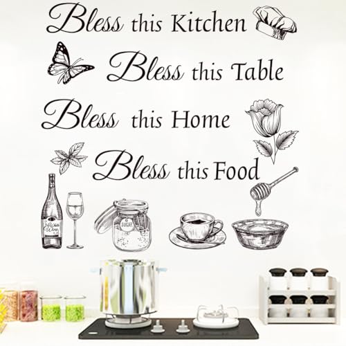 Kitchen Wall Stickers Dining Room Decals Decor Bless This Kitchen Wall Decal Thankful Grateful Blessed Quote Utensil Art Decorations for Home Coffee Shop Wall Decor