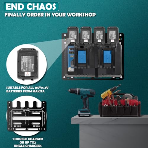Battery Holder for Makita, Wall Mount for Makita DC18RC DC18RD Chargers, Suitable for Makita Battery Charger 14.4V/18V Batteries and 2 Drilling Screwdrivers, Storage in The Workshop and Garage