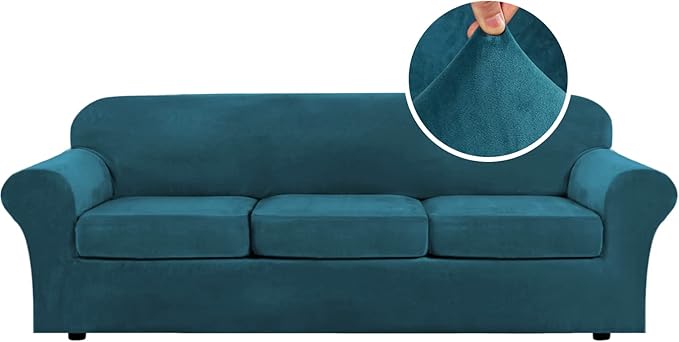 H.VERSAILTEX Velvet 4 Piece High Stretch Sofa Slipcover Cover Furniture Protector Form Fit Luxury Thick Velvet Extra Large Sofa Cover for 3 Cushion Couch Width Up to 105 Inch (XL Sofa, Deep Teal)