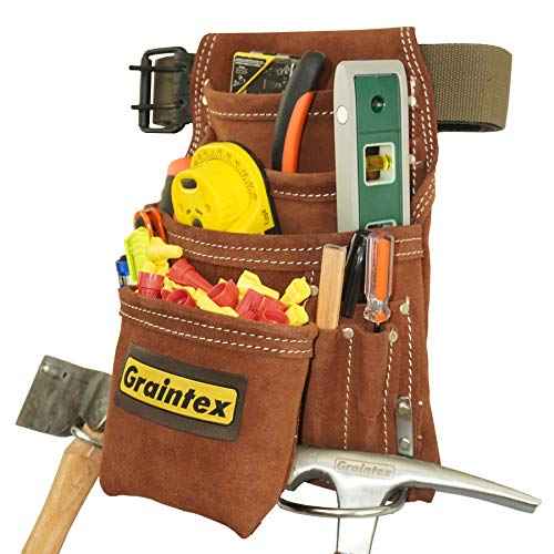 Graintex SS2976 10 Pocket Nail & Tool Pouch Brown Color Suede Leather with 2¡± Leather/Webbing Belt for Constructors, Electricians, Plumbers, Handymen