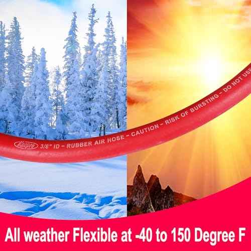 Keepro Rubber Air Hose, Durable Air Compressor Hose 3/8 Inch ID By 25 Feet Long with Swivel Universal Aluminium Quick Coupler and Plug, 300 PSI Maximum Pressure, Red
