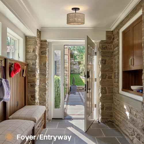 Boho Light Fixtures Ceiling Mount,12.6" Rattan Ceiling Light Fxiture,3-Light Semi Flush Mount Light Fixture,Farmhouse Wicker Ceiling Light for Hallway Bedroom Kitchen Nursery Entryway