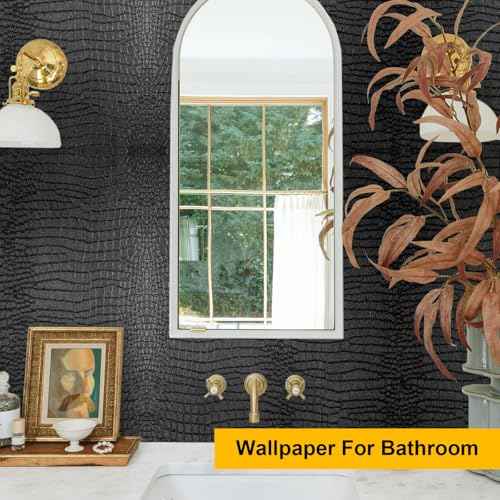 Black Peel and Stick Wallpaper 118inL 17.3inW Black Contact Paper for Cabinets Removable Textured Modern Crocodile Self Adhesive Wallpaper for Bedroom Bathroom Waterproof Leather Contact Paper