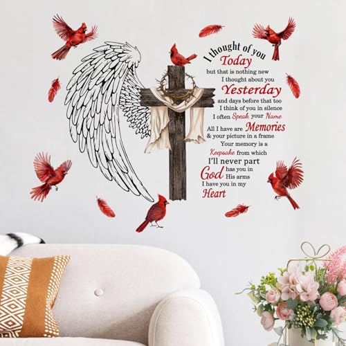 Yovkky Christian Cardinal Memorial Wall Decals Stickers, Religious Cross Wings Home Bedroom Decor, Holy Bible Quote Living Room Kitchen Decorations Art