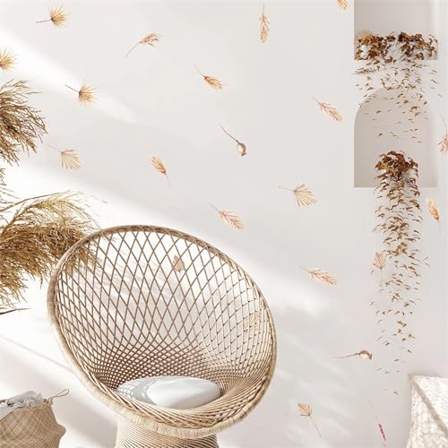 6 Sheets 60 Pcs Wheat Ear of Wheat Peacock Feathers Wall Stickers, sacinora Yellowish Maple Leaf DIY Natural Wall Decals Removable Vinyl Peel and Stick for Living Room Bedroom Art Home Decor