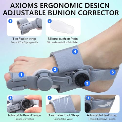 Axioms Bunion Corrector for Women Big Toe,Bunion Relief Straightener,Bunion Splint-Adjustable Knob Bunions Correction,Breathable & Anti-slip Suitable for Left Right Feet,Gray 1Pack