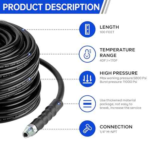 Sewer Jetter Kit 100FT for Pressure Washer, Pressure Washer Drain Jetter with 5800PSI Cleaner Hose 1/4 Inch NPT, Corner, Rotating & Button Nose Sewer Jetting Nozzle Spanner Waterproof Tape Pearl Pin