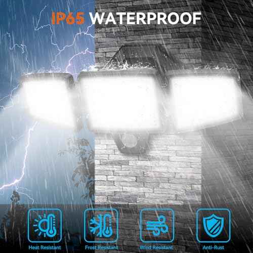 LED Security Lights Motion Sensor Outdoor Lights, 5000K Daylight, IP65 Waterproof, Dusk to Dawn, 3-Head Motion Detected Flood Light for Garage, Yard, Porch, 2Pack